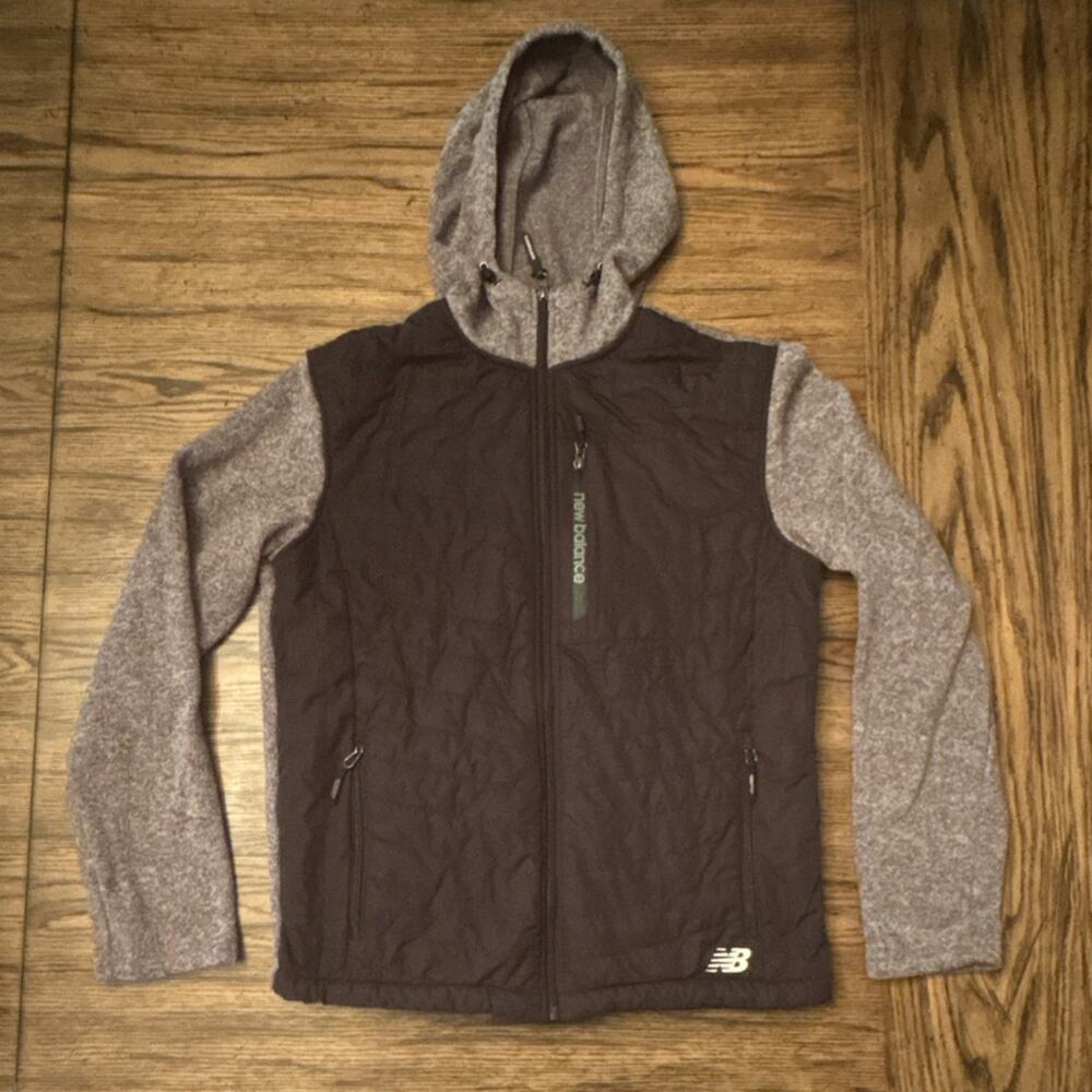 New Balance Unisex S Hooded Full Zip Quilted Jacket Gray Black Colorblock